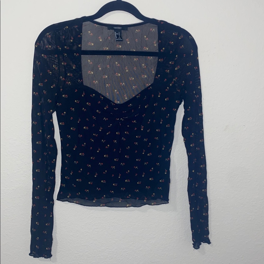 🛍️Sheer floral long sleeved top with red and yellow flower details! - Picture 2 of 6